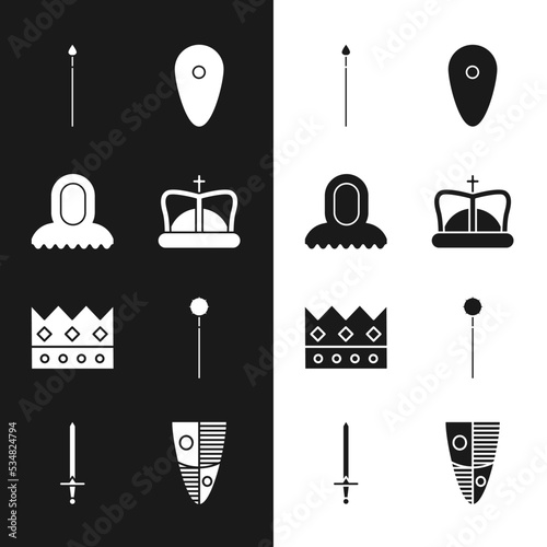 Set King crown, Medieval hood, spear, Shield, chained mace ball, and sword icon. Vector