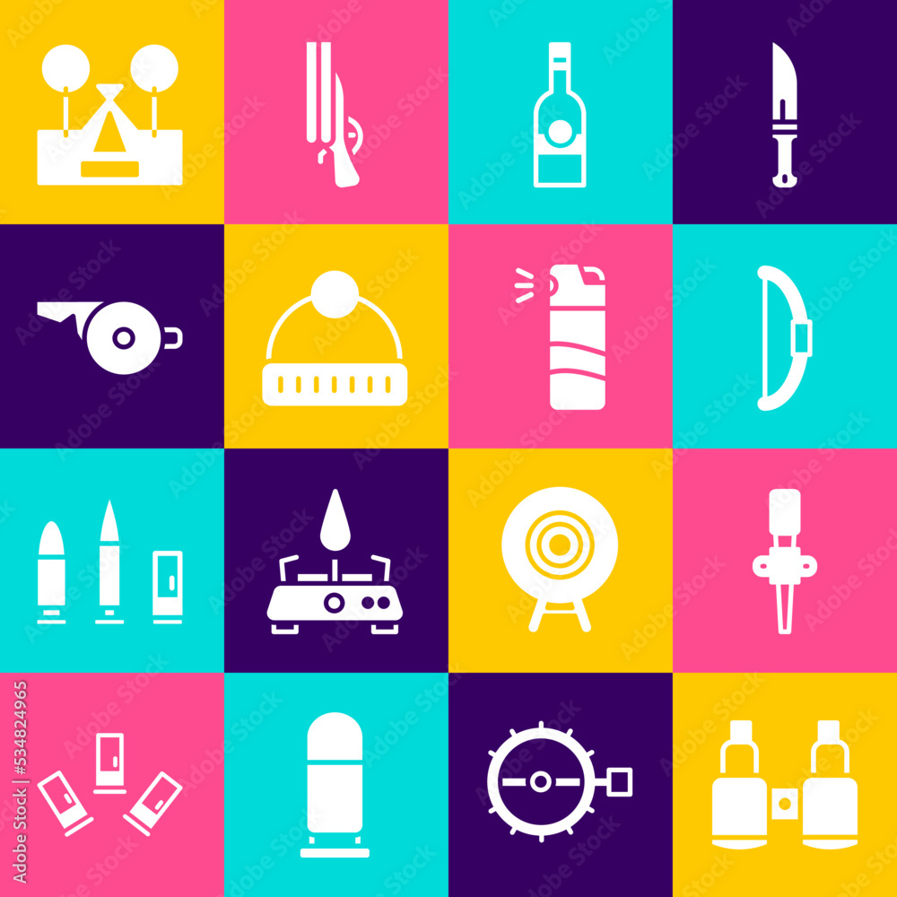 Set Binoculars, Torch flame, Bow, Bottle of vodka, Winter hat, Whistle, Tourist tent and Pepper spray icon. Vector