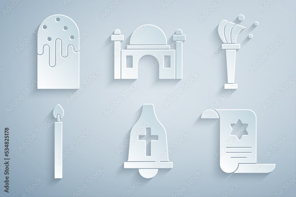 Set Church bell, Aspergillum, Burning candle, Torah scroll, Muslim Mosque and Easter cake icon. Vector Set Church bell, Aspergillum, Burning candle, Torah scroll, Muslim Mosque and Easter cake icon. Vector