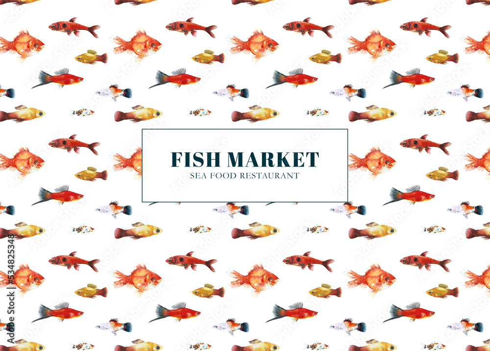 Fototapeta premium Watercolor fish market, sea food restaurant design illustration, flyer, business card, poster, print. Printable, seamless pattern, decoration,white background, sea, ocean, swimming fishes, animal diy