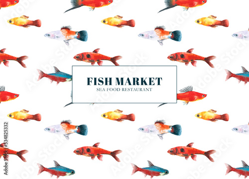 Watercolor fish market, sea food restaurant design illustration, flyer, business card, poster, print. Printable, seamless pattern, decoration,white background, sea, ocean, swimming fishes, animal diy