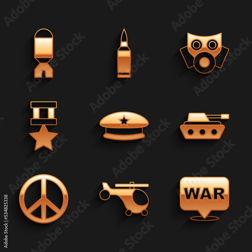 Set Military beret, Helicopter, The word war, tank, Peace, reward medal, Gas mask and Rocket launcher icon. Vector