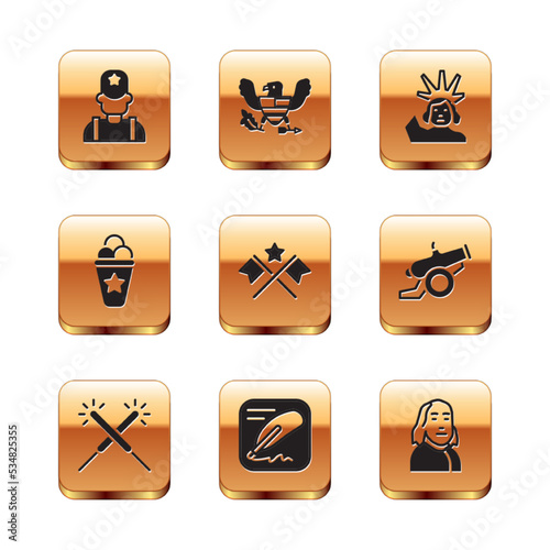 Set Sheriff cowboy, Sparkler firework, Declaration of independence, American flag, Ice cream waffle cone, Statue Liberty, Benjamin Franklin and Eagle icon. Vector
