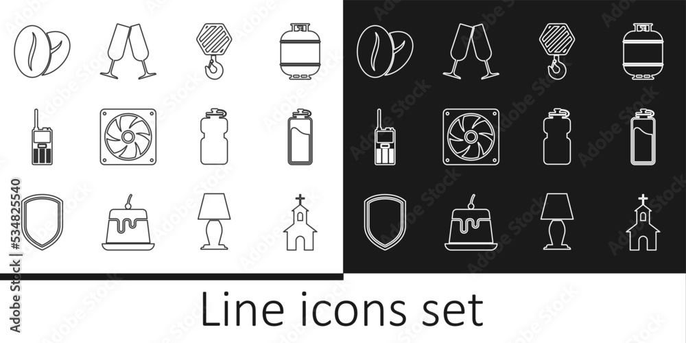 Set line Church building, Sport bottle with water, Industrial hook, Computer cooler, Walkie talkie, Coffee beans, and Glasses champagne icon. Vector