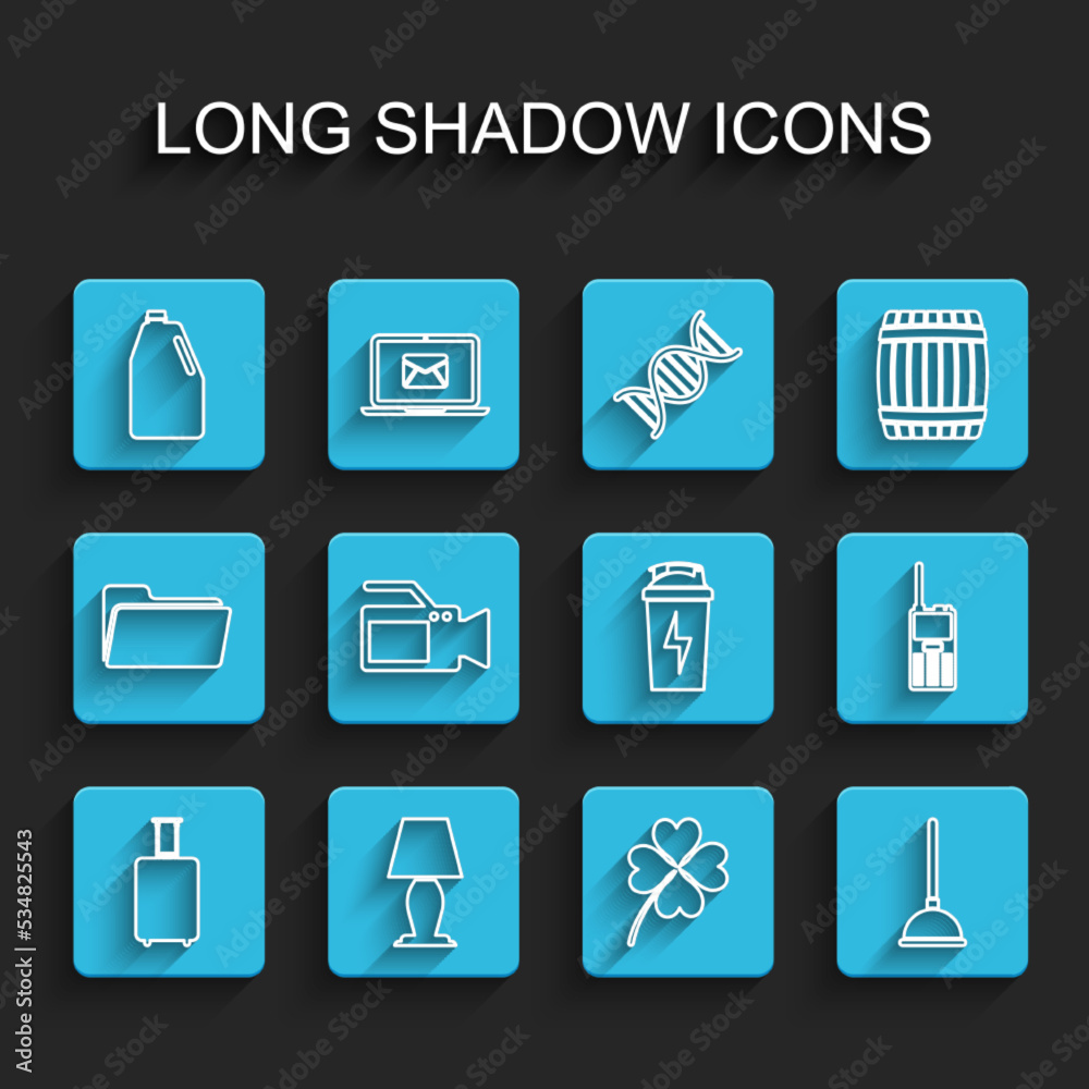 Set line Travel suitcase, Table lamp, Household chemicals bottle, Four leaf clover, Rubber plunger, Cinema camera, Walkie talkie and Fitness shaker icon. Vector Set line Travel suitcase, Table lamp, Household chemicals bottle, Four leaf clover, Rubber plunger, Cinema camera, Walkie talkie and Fitness shaker icon. Vector