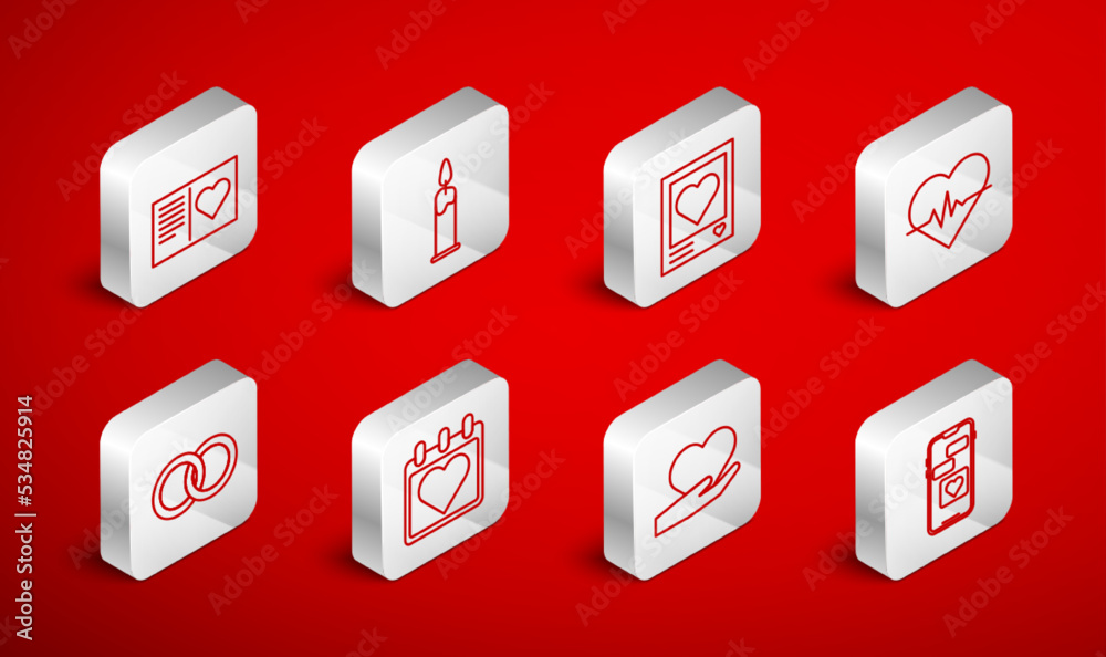 Set line Mobile with heart, Burning candle, Photo frames hearts, Heart rate, hand, Valentines day flyer, Calendar and Wedding rings icon. Vector Set line Mobile with heart, Burning candle, Photo frames hearts, Heart rate, hand, Valentines day flyer, Calendar and Wedding rings icon. Vector