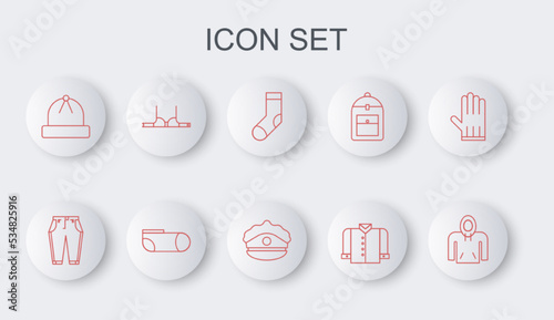 Set line Hoodie, Pants, Socks, T-shirt, Winter hat, Bra, Sport socks and Police cap with cockade icon. Vector