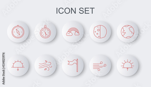Set line Sunrise, Sunset, Rainbow with clouds, Wind, Compass, and Meteorology windsock wind vane icon. Vector