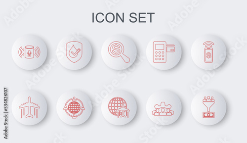 Set line Lead management, Plane, Magnifying glass and dollar, Project team base, Voice assistant, Waterproof, Outsourcing concept and Globe with flying plane icon. Vector