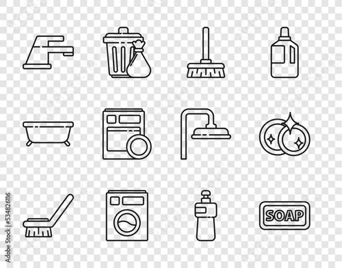 Set line Brush for cleaning, Bar of soap, Handle broom, Washer, Water tap, Kitchen dishwasher machine, Dishwashing liquid bottle and Washing dishes icon. Vector
