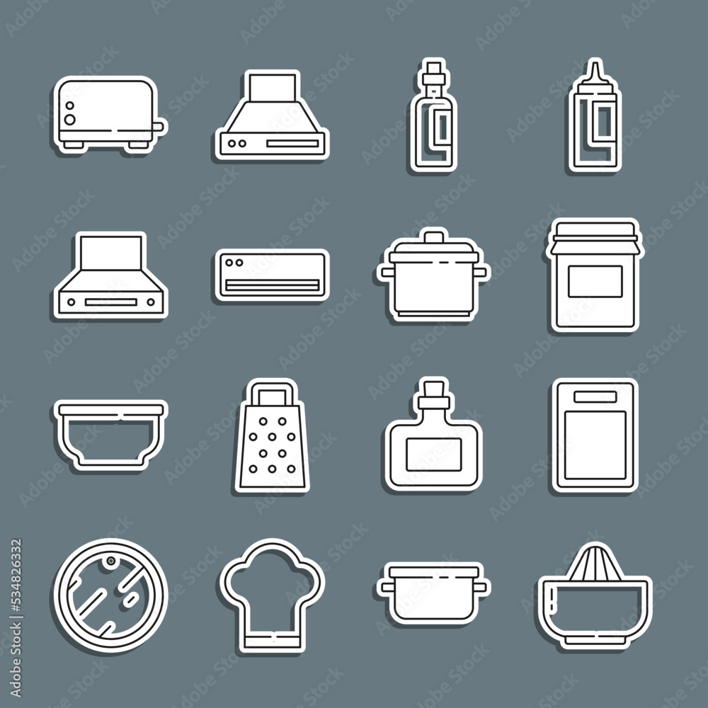 Set line Citrus fruit juicer, Cutting board, Jam jar, Bottle of olive oil, Air conditioner, Kitchen extractor fan, Toaster and Cooking pot icon. Vector Set line Citrus fruit juicer, Cutting board, Jam jar, Bottle of olive oil, Air conditioner, Kitchen extractor fan, Toaster and Cooking pot icon. Vector