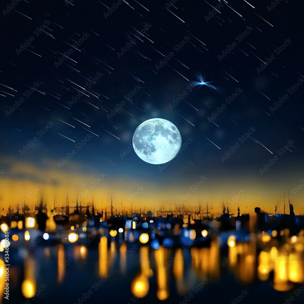  night city light blurred on sea water  buildings  and starry sky with big moon urban seascape 