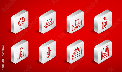 Set line Sagrada Familia, Spanish hat, Montjuic castle, Orujo, Concert hall de Tenerife, Omelette in frying, guitar and Agbar tower icon. Vector