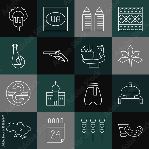 Set line Glass with vodka, Bread and salt, Chestnut leaf, Two towers in Dnipro, Vintage pistols, Bandura, Dumplings on fork and Monument founders of Kiev icon. Vector
