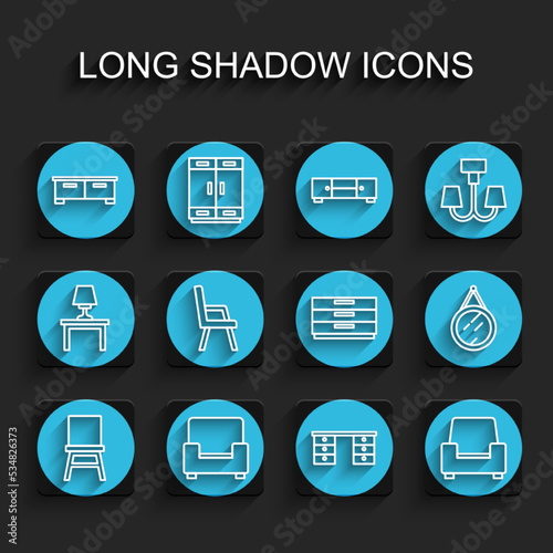 Set line Chair, Armchair, Chest of drawers, Office desk, Mirror and icon. Vector