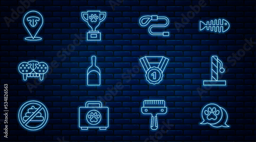 Set line Paw print, Cat scratching post, Retractable cord leash, Dustpan, tooth, nose, Dog award symbol and Pet icon. Vector