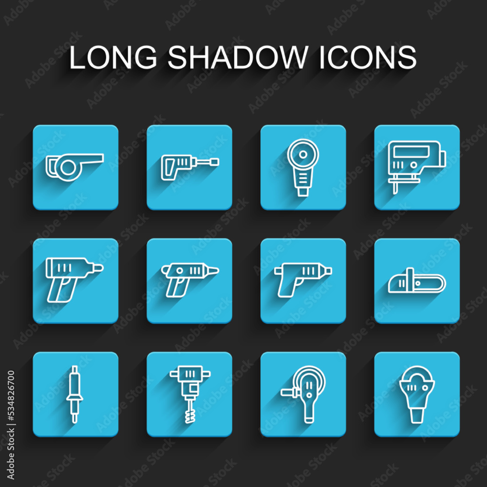 Set line Soldering iron, Electrical hand concrete mixer, Leaf garden blower, Angle grinder, cordless screwdriver, Chainsaw and icon. Vector Set line Soldering iron, Electrical hand concrete mixer, Leaf garden blower, Angle grinder, cordless screwdriver, Chainsaw and icon. Vector