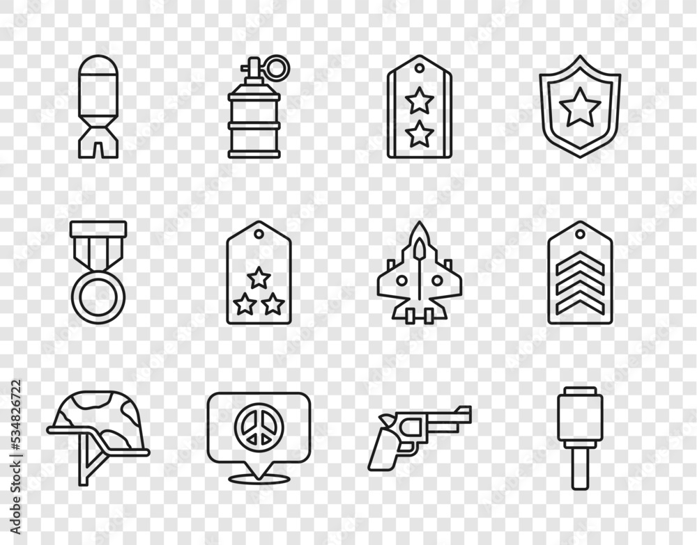 Set line Military helmet, Anti-tank hand grenade, rank, Location peace, Rocket launcher, Pistol or gun and Chevron icon. Vector Set line Military helmet, Anti-tank hand grenade, rank, Location peace, Rocket launcher, Pistol or gun and Chevron icon. Vector