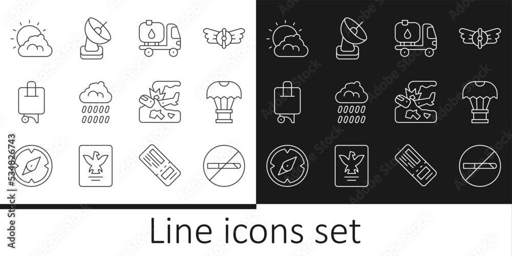 Set line No Smoking, Box flying on parachute, Fuel tanker truck, Cloud with rain, Suitcase, Sun and cloud weather, Plane crash and Radar icon. Vector