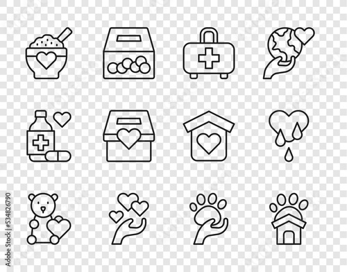Set line Donate child toys, Animal shelter house, First aid kit, Heart in hand, Donation food, charity, volunteer and Blood donation icon. Vector