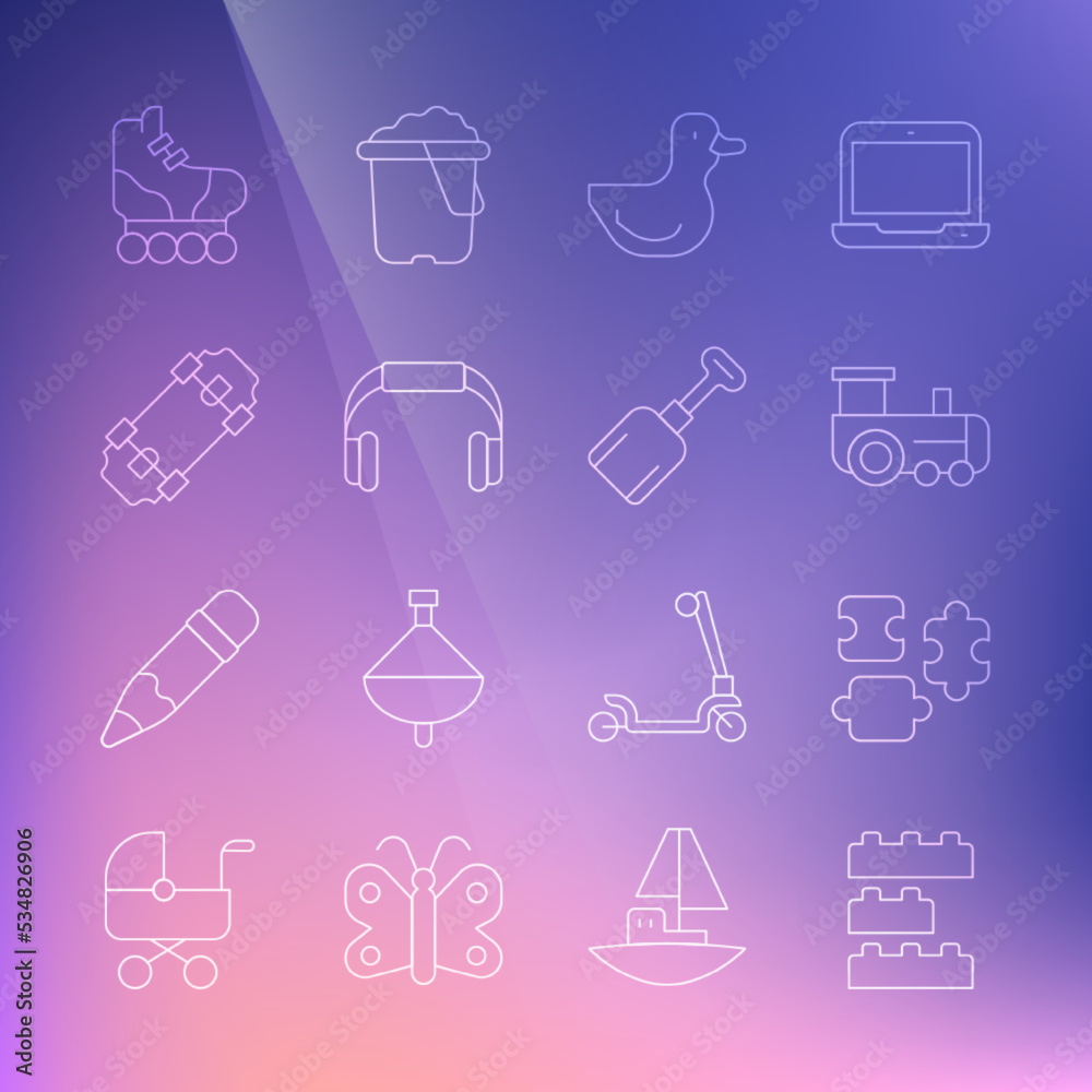Set line Toy building block bricks, Puzzle pieces toy, train, Rubber duck, Headphones, Skateboard, Roller skate and Shovel icon. Vector