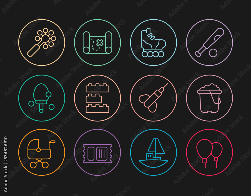 Set line Balloons, Sand in bucket, Roller skate, Toy building block bricks, Racket, Rattle baby toy, Dart arrow and Pirate treasure map icon. Vector Set line Balloons, Sand in bucket, Roller skate, Toy building block bricks, Racket, Rattle baby toy, Dart arrow and Pirate treasure map icon. Vector