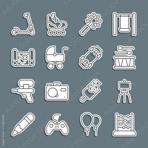 Set line Abacus, Wood easel, Drum with drum sticks, Rattle baby toy, Baby stroller, Pirate treasure map, Roller scooter and Skateboard icon. Vector