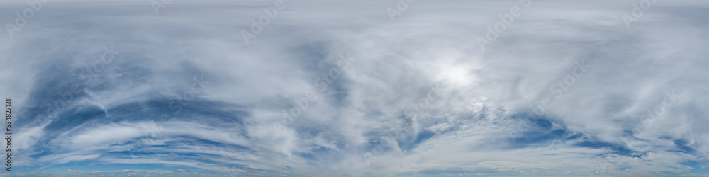 blue sky hdri 360 panorama with halo and white beautiful clouds in seamless panorama with zenith for use in 3d graphics or game development as sky dome or edit drone shot for sky replacement