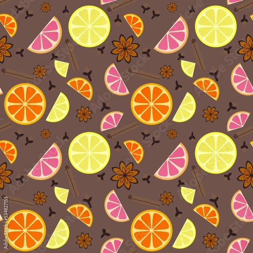 Winter warm mulled wine ingredients seamless doodle cartoon pattern for wrapping and clothes print and fabrics