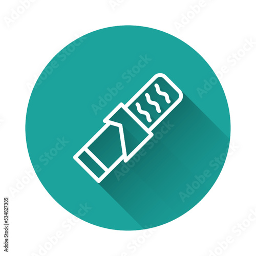 White line Protein sport bar icon isolated with long shadow background. Energy snack icon. Organic sweets. Green circle button. Vector