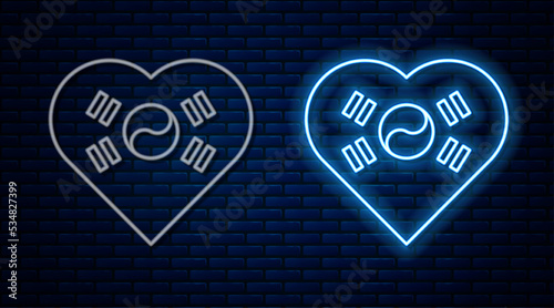 Glowing neon line Love Korea emblem with heart in national flag icon isolated on brick wall background. Vector