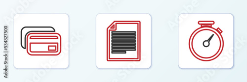 Set line Stopwatch, Credit card and Document icon. Vector