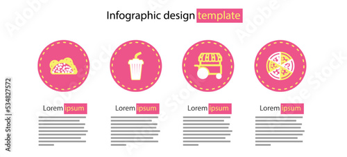 Set line Fast street food cart, Pizza, Glass with water and Taco tortilla icon. Vector