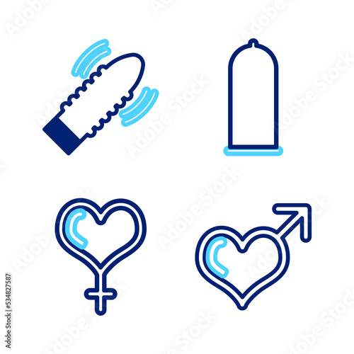 Set line Male gender and heart, Female, Condom safe sex and Dildo vibrator for games icon. Vector