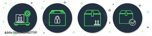 Set line Locked package, Cardboard box with traffic, Scale cardboard and Package check mark icon. Vector