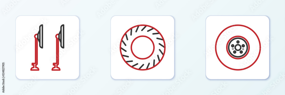 Set line Car brake disk, Windscreen wiper and tire icon. Vector Set line Car brake disk, Windscreen wiper and tire icon. Vector