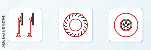 Set line Car brake disk, Windscreen wiper and tire icon. Vector