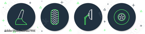 Set line Car tire, Windscreen wiper, handbrake and disk icon. Vector