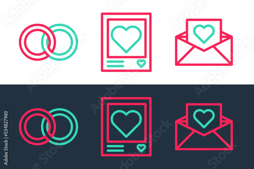 Set line Envelope with Valentine heart, Wedding rings and Photo frames and hearts icon. Vector