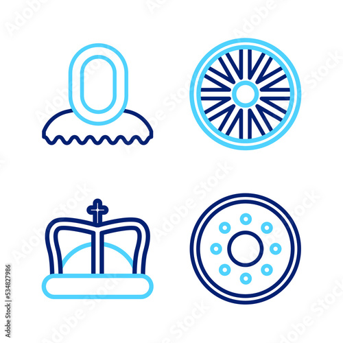 Set line Round wooden shield, King crown, Old wheel and Medieval hood icon. Vector