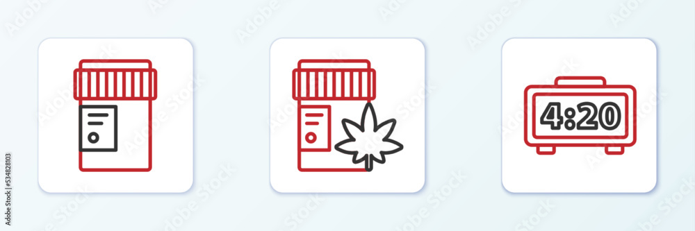 Set line Digital alarm clock, Medical bottle with cannabis and marijuana icon. Vector Set line Digital alarm clock, Medical bottle with cannabis and marijuana icon. Vector