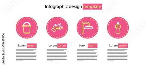 Set line Shower head, Dishwashing liquid bottle, Washing hands with soap and Bucket icon. Vector