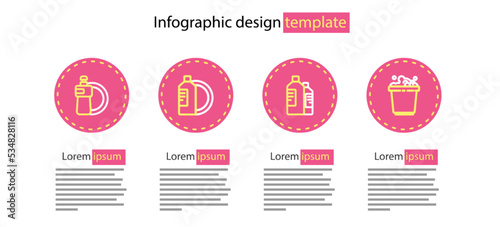 Set line Bottles for cleaning agent, Bucket with soap suds, Dishwashing liquid bottle and plate and icon. Vector