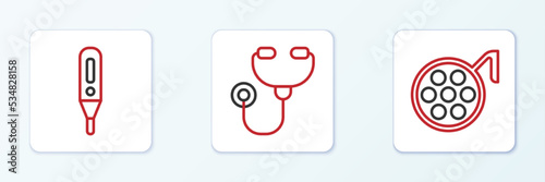 Set line Surgery lamp, Medical digital thermometer and Stethoscope icon. Vector