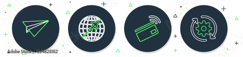 Set line Globe with flying plane, Contactless payment, Paper and Gear and arrows as workflow icon. Vector
