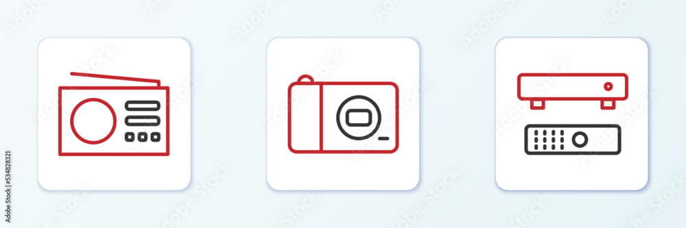 Set line Multimedia and TV box, Radio and Photo camera icon. Vector Set line Multimedia and TV box, Radio and Photo camera icon. Vector