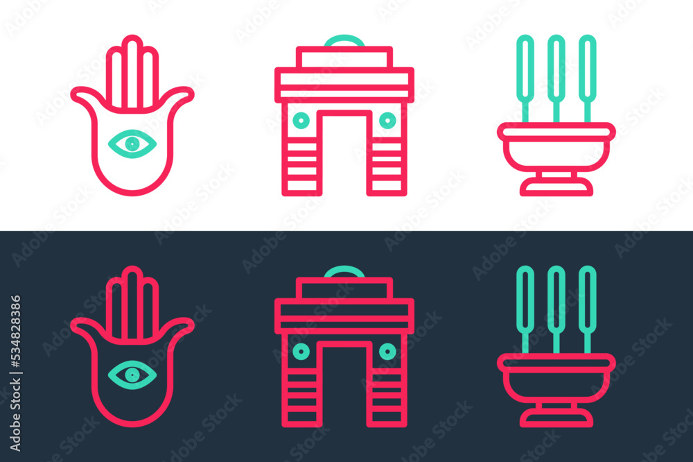 Set line Incense sticks, Hamsa hand and India Gate in Delhi icon. Vector Set line Incense sticks, Hamsa hand and India Gate in Delhi icon. Vector
