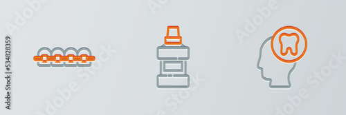 Set line Human head with tooth, Teeth braces and Mouthwash bottle icon. Vector