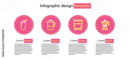 Set line Coffee machine, moca pot, French press and Milkshake icon. Vector