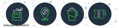 Set line Location with coffee bean, French press, Manual grinder and Coffee pot icon. Vector